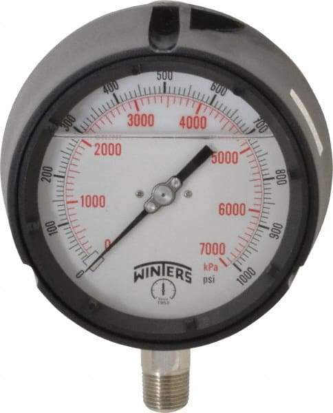 Winters - 4-1/2" Dial, 1/2 Thread, 0-1,000 Scale Range, Pressure Gauge - Lower Connection Mount, Accurate to 0.5% of Scale - USA Tool & Supply