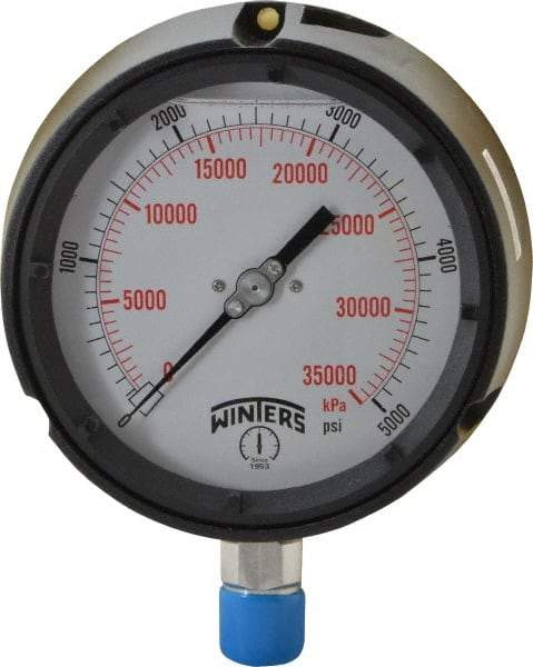 Winters - 4-1/2" Dial, 1/2 Thread, 0-5,000 Scale Range, Pressure Gauge - Lower Connection Mount, Accurate to 0.5% of Scale - USA Tool & Supply