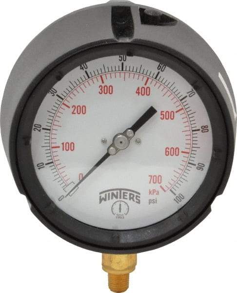 Winters - 4-1/2" Dial, 1/4 Thread, 0-100 Scale Range, Pressure Gauge - Lower Connection Mount, Accurate to 0.5% of Scale - USA Tool & Supply