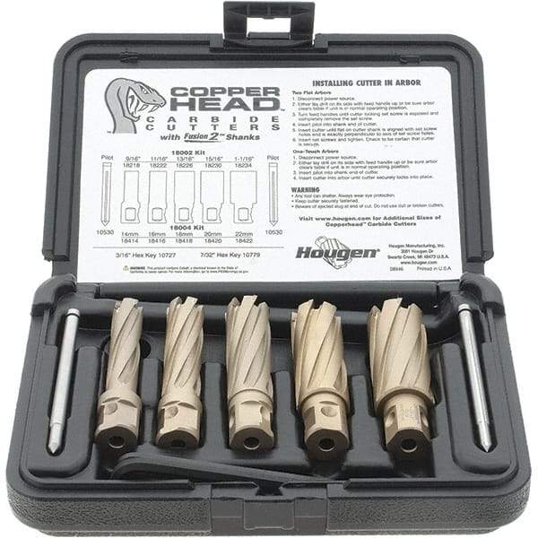 Hougen - 8 Piece, 9/16 to 1-1/16" Cutter Diam, 2" Cutting Depth, Carbide-Tipped Annular Cutter Set - Bright Finish, 3/4" Shank Diam, 9/16, 11/16, 13/16, 15/16, 1-1/16" Cutter Diams, 2 Flats on Shank - USA Tool & Supply