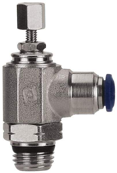 Value Collection - 1/4" Pipe, Angled Miniature Needle Valve - Buna Seal, Male x Push to Connect Ends, Nickel Plated Brass Valve, 145 Max psi - USA Tool & Supply