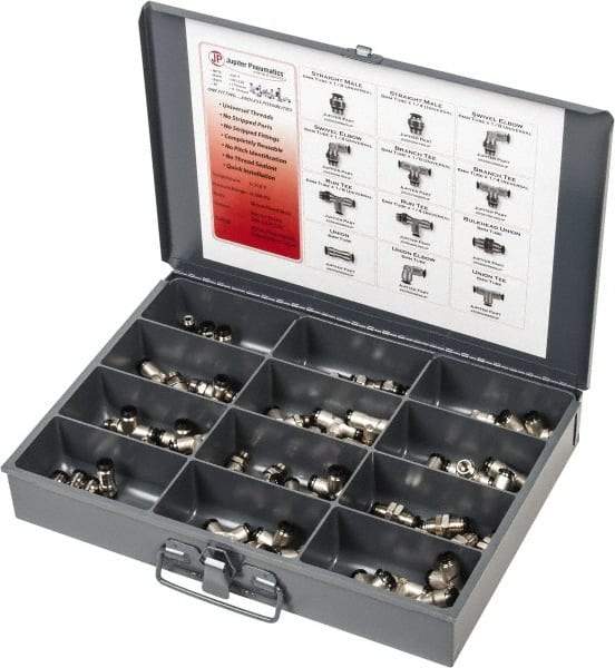 Value Collection - 60 Piece, Push to Connect Fitting Kit - Mixed Universal Threads, 4mm Tube - USA Tool & Supply