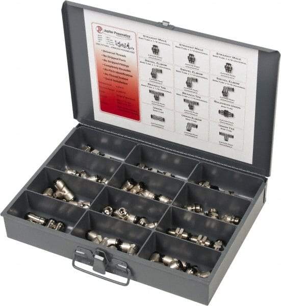 Value Collection - 60 Piece, Push to Connect Fitting Kit - Mixed Universal Threads, 8mm Tube - USA Tool & Supply