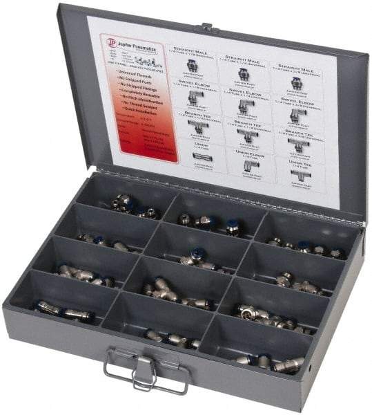 Value Collection - 60 Piece, Push to Connect Fitting Kit - Mixed Universal Threads, 1/4" Tube - USA Tool & Supply