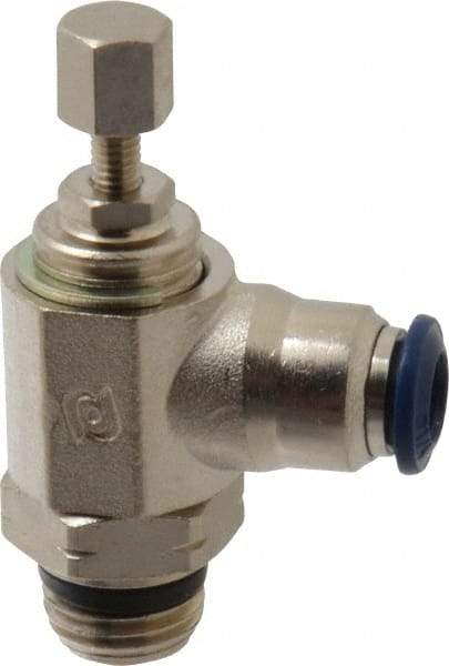 Value Collection - 1/4" Pipe, Angled Miniature Needle Valve - Buna Seal, Male x Push to Connect Ends, Nickel Plated Brass Valve, 145 Max psi - USA Tool & Supply