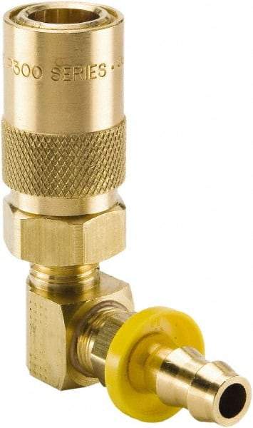 Parker - Nonthreaded Brass Hydraulic Hose Push-Lok Hose Barb Coupler & 90° Fitting - 200 psi, 12 GPM, 3/4" Hose Diam, Series Moldmate - USA Tool & Supply