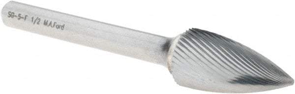 M.A. Ford - 1/2" Cut Diam, 1/4" Shank Diam, Tree Head Double Cut Burr - Carbide, Point End, 1" LOC, 3" OAL - USA Tool & Supply