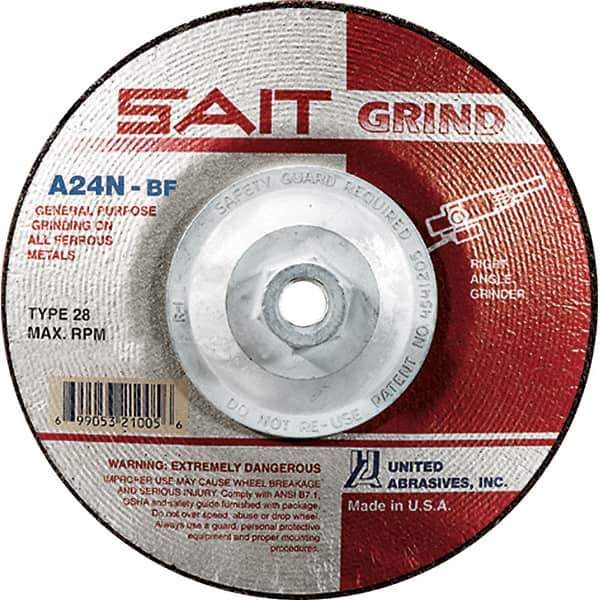 Sait - 24 Grit, 4-1/2" Wheel Diam, 1/4" Wheel Thickness, Type 28 Depressed Center Wheel - Aluminum Oxide, Resinoid Bond, N Hardness, 13,300 Max RPM, Compatible with Angle Grinder - USA Tool & Supply