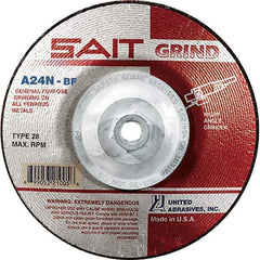 Sait - 24 Grit, 4-1/2" Wheel Diam, 1/4" Wheel Thickness, Type 28 Depressed Center Wheel - Aluminum Oxide, Resinoid Bond, N Hardness, 13,300 Max RPM, Compatible with Angle Grinder - USA Tool & Supply