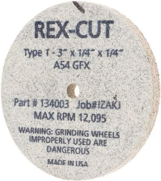 Rex Cut Product - 3" Diam x 1/4" Hole x 1/4" Thick, 54 Grit Surface Grinding Wheel - Aluminum Oxide, Type 1, Coarse Grade, 12,095 Max RPM, Rubber Bond, No Recess - USA Tool & Supply