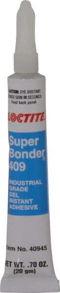 Loctite - 0.70 oz Tube Clear Instant Adhesive - Series 409, 75 sec Working Time, 24 hr Full Cure Time, Bonds to Metal, Plastic & Rubber - USA Tool & Supply