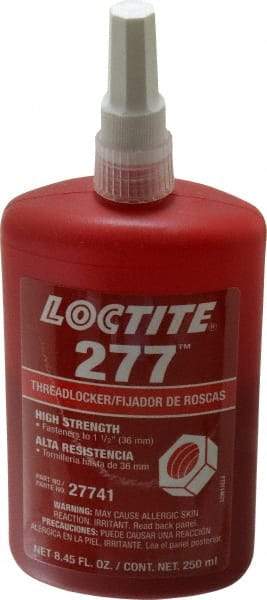 Loctite - 250 mL Bottle, Red, High Strength Liquid Threadlocker - Series 277, 24 hr Full Cure Time, Hand Tool, Heat Removal - USA Tool & Supply