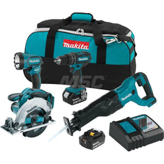 Cordless Tool Combination Kit: 18V, 4 Pc (1) 18V LXT 1/2″Hammer Driver-Drill (XPH10Z), (1) 18V LXT Recipro Saw (XRJ04Z), (1) 18V LXT 6-1/2″Circular Saw (XSS02Z), (1) 18V LXT Xenon Flashlight (DML185), (2) 18V LXT Lithium-Ion 3.0Ah Battery (BL1830B), (1) 1