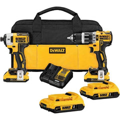 DeWALT - 20 Volt Cordless Tool Combination Kit - Includes 1/2" Brushless Hammer Drill & 1/4" 3-Speed Brushless Impact Driver, Lithium-Ion Battery Included - USA Tool & Supply