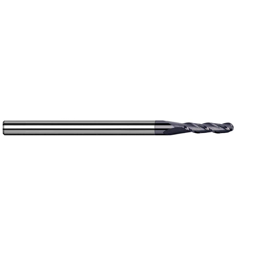 Ball End Mill: 0.04″ Dia, 0.12″ LOC, 4 Flute, Solid Carbide 1-1/2″ OAL, 1/8″ Shank Dia, 34 ° Helix, AlTiN Nano Coated, Single End