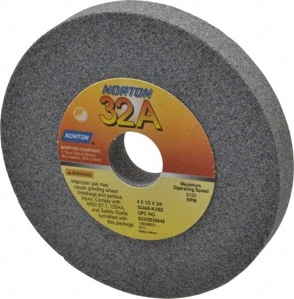 Norton - 60 Grit Aluminum Oxide Type 1 Internal Grinding Wheel - 4" Diam x 3/4" Hole x 1/2" Thick, 8,120 Max RPM, Type 1 Medium Grade, K Hardness, Vitrified Bond, One-Side Recess - USA Tool & Supply