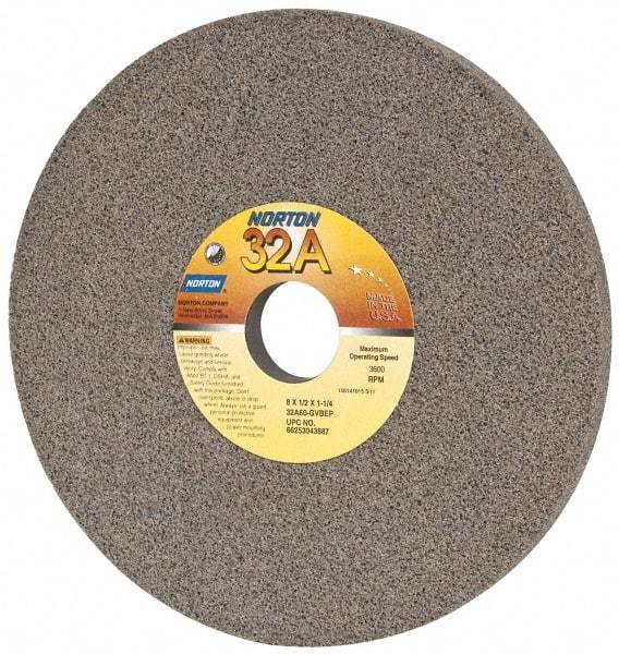 Norton - 8" Diam x 1-1/4" Hole x 1/2" Thick, G Hardness, 60 Grit Surface Grinding Wheel - Aluminum Oxide, Type 1, Medium Grade, 3,600 Max RPM, Vitrified Bond, No Recess - USA Tool & Supply