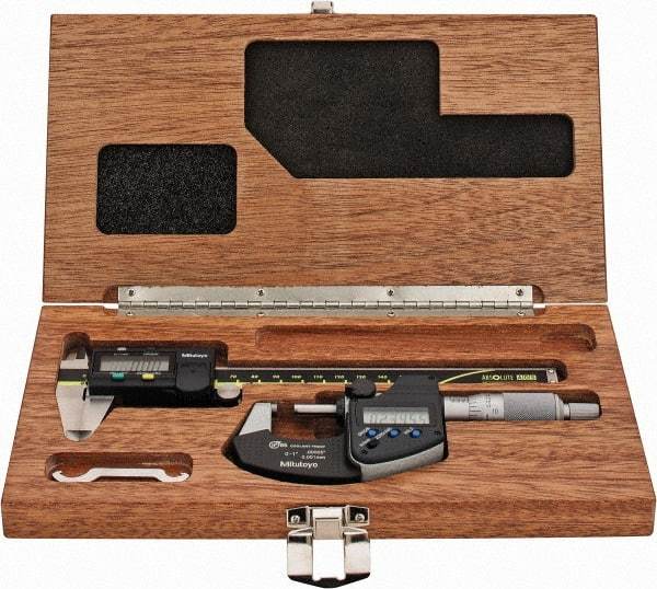 Mitutoyo - 4 Piece, Machinist Caliper and Micrometer Tool Kit - 0 to 6 Inch Caliper, 1 Inch Micrometer, 0.0001 Inch Graduation - USA Tool & Supply