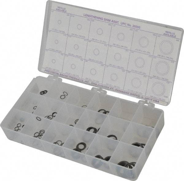 Precision Brand - 270 Piece, 1/4 to 3/4" Screw, Spring Steel Flat Washer Assortment - Includes (15) 0.187 to 0.296 Inside x 0.248 to 0.371 Out Side Diam, (30) 0.171 to 0.289 Inside x 0.248 to 308 OD Washer & Compartmented Storage Case - USA Tool & Supply