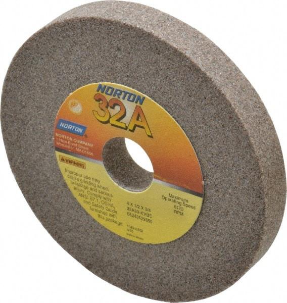 Norton - 80 Grit Aluminum Oxide Type 1 Internal Grinding Wheel - 4" Diam x 3/4" Hole x 1/2" Thick, 8,120 Max RPM, Type 1 Medium Grade, K Hardness, Vitrified Bond, No Recess - USA Tool & Supply
