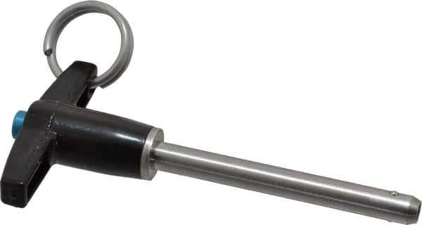 Jergens - 1/4" Diam, 2" Usable Length, T Handle, Push Button Quick Release Pin - 3-1/2" Overall Length, Grade 17-4 Stainless Steel, Passivated Finish - USA Tool & Supply