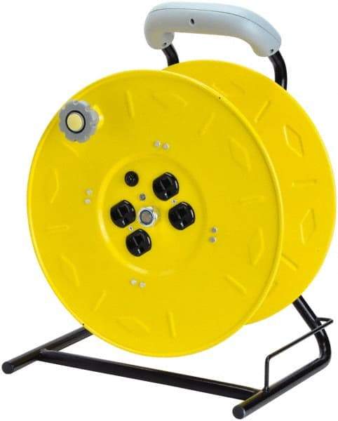 Value Collection - 12 AWG, 100' Cable Length, Cord & Cable Reel with Outlet End, No Cable - 4 Outlets, NEMA 5-15R, 15 Amps, 125 Volts, SO Cable, Yellow Reel, Hand Crank Reel - USA Tool & Supply