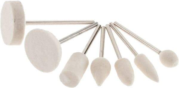 Value Collection - 7 Piece, 3/32" Shank Diam, Wool Felt Bob Set - Medium Density, Includes Ball, Cone, Cylinder, Flame, Olive & Oval Bobs - USA Tool & Supply