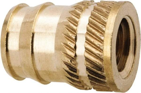 E-Z LOK - 1/4-20, 0.321" Small to 0.363" Large End Hole Diam, Brass Double Vane Tapered Hole Threaded Insert - 3/8" Insert, 0.332" Pilot Diam, 1/2" OAL, 0.194" Min Wall Thickness, 11/32" Drill, 0.194" Min Grip - USA Tool & Supply