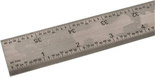 SPI - 36" Long, 1/100, 1/64, 1/50, 1/32" Graduation, Rigid Steel Rule - 16R Graduation Style, 1-1/4" Wide, Silver, Satin Chrome Finish - USA Tool & Supply