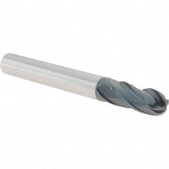 Iscar - 1/2" Diam, 1" LOC, 4 Flute Solid Carbide Ball End Mill - TiAlN Finish, Single End, 4-1/2" OAL, 1/2" Shank Diam, Spiral Flute - USA Tool & Supply
