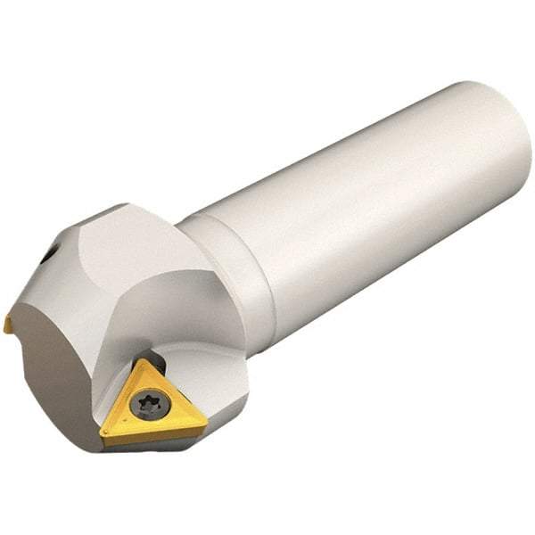 Iscar - 60° Lead Angle, 39.4mm Max Cut Diam, 25mm Min Cut Diam, 12.3mm Max Depth of Cut, Indexable Chamfer and Angle End Mill - 2 Inserts, TPMT Insert Style, 100mm Overall Length, Straight Shank - USA Tool & Supply