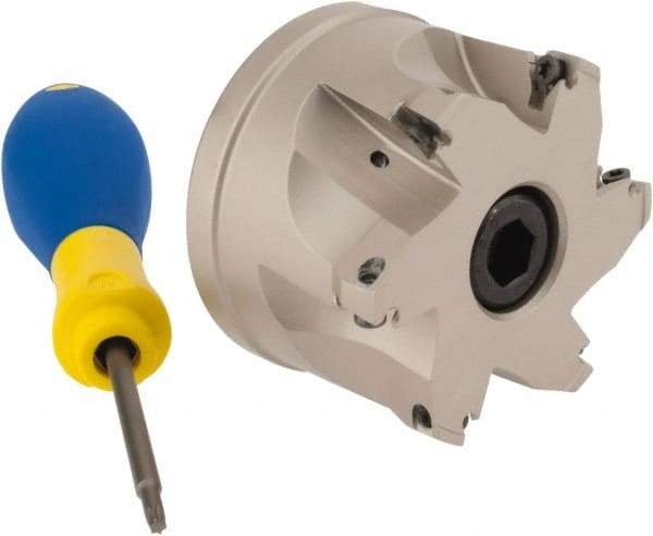 Iscar - 7 Inserts, 2-1/2" Cut Diam, 1" Arbor Diam, 0.315" Max Depth of Cut, Indexable Square-Shoulder Face Mill - 0/90° Lead Angle, 1.77" High, HM390 TPKT 1003 Insert Compatibility, Through Coolant, Series HeliIQMill - USA Tool & Supply