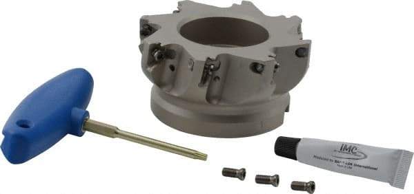 Iscar - 8 Inserts, 4" Cut Diam, 1-1/2" Arbor Diam, 0.512" Max Depth of Cut, Indexable Square-Shoulder Face Mill - 0/90° Lead Angle, 2" High, HM390 TDKT 1505 Insert Compatibility, Through Coolant, Series HeliIQMill - USA Tool & Supply