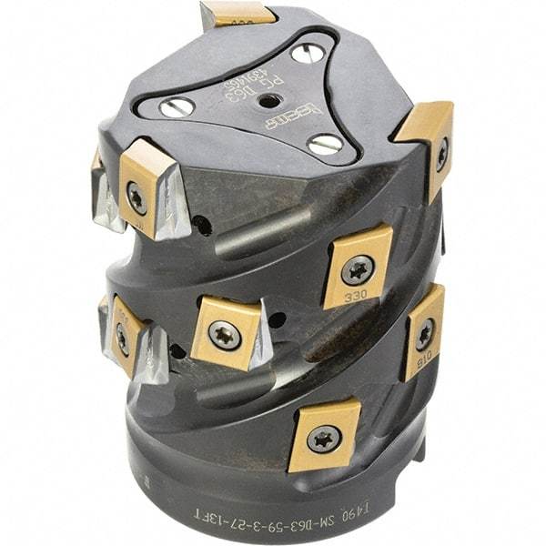 Iscar - 15 Inserts, 63mm Cut Diam, 27mm Arbor Diam, 59mm Max Depth of Cut, Indexable Square-Shoulder Face Mill - 0/90° Lead Angle, 80mm High, T490 LN.. 1306 Insert Compatibility, Through Coolant, Series Helitang - USA Tool & Supply
