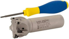 Iscar - 1-1/2" Cut Diam, 0.315" Max Depth of Cut, 1" Shank Diam, 4" OAL, Indexable Square Shoulder Helical End Mill - HM390 TPKT 1003 Inserts, Weldon Shank, 90° Lead Angle, Through Coolant, Series HeliIQMill - USA Tool & Supply