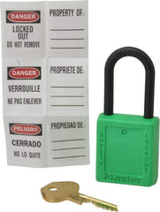 Master Lock - Keyed Different Nonconductive Lockout Padlock - 1-1/2" Shackle Clearance, 1/4" Shackle Diam, 1-3/4" Body Height x 1-1/2" Body Width, Green, 6 Pins - USA Tool & Supply