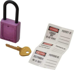 Master Lock - Keyed Alike Nonconductive Lockout Padlock - 1-1/2" Shackle Clearance, 1/4" Shackle Diam, 1-3/4" Body Height x 1-1/2" Body Width, Purple, 6 Pins - USA Tool & Supply