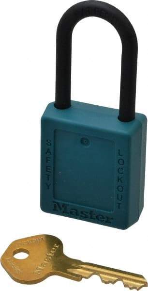 Master Lock - Keyed Alike Nonconductive Lockout Padlock - 1-1/2" Shackle Clearance, 1/4" Shackle Diam, 1-3/4" Body Height x 1-1/2" Body Width, Teal, 6 Pins - USA Tool & Supply