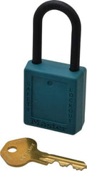 Master Lock - Keyed Alike Nonconductive Lockout Padlock - 1-1/2" Shackle Clearance, 1/4" Shackle Diam, 1-3/4" Body Height x 1-1/2" Body Width, Teal, 6 Pins - USA Tool & Supply