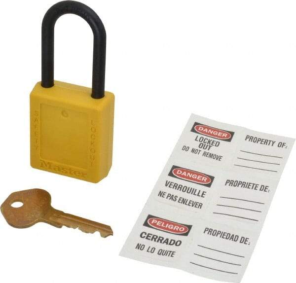 Master Lock - Keyed Alike Nonconductive Lockout Padlock - 1-1/2" Shackle Clearance, 1/4" Shackle Diam, 1-3/4" Body Height x 1-1/2" Body Width, Yellow, 6 Pins - USA Tool & Supply