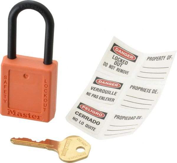 Master Lock - Keyed Different Nonconductive Lockout Padlock - 1-1/2" Shackle Clearance, 1/4" Shackle Diam, 1-3/4" Body Height x 1-1/2" Body Width, Orange, 6 Pins - USA Tool & Supply