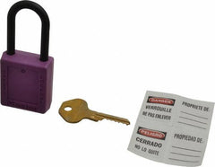 Master Lock - Keyed Different Nonconductive Lockout Padlock - 1-1/2" Shackle Clearance, 1/4" Shackle Diam, 1-3/4" Body Height x 1-1/2" Body Width, Purple, 6 Pins - USA Tool & Supply