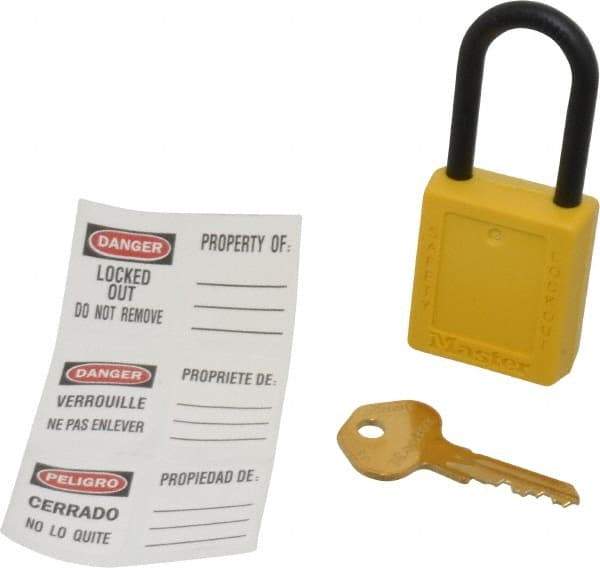 Master Lock - Keyed Different Nonconductive Lockout Padlock - 1-1/2" Shackle Clearance, 1/4" Shackle Diam, 1-3/4" Body Height x 1-1/2" Body Width, Yellow, 6 Pins - USA Tool & Supply