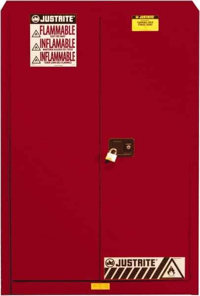 Justrite - 2 Door, 5 Shelf, Red Steel Standard Safety Cabinet for Flammable and Combustible Liquids - 65" High x 43" Wide x 18" Deep, Self Closing Door, 3 Point Key Lock, 60 Gal Capacity - USA Tool & Supply