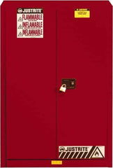 Justrite - 2 Door, 5 Shelf, Red Steel Standard Safety Cabinet for Flammable and Combustible Liquids - 65" High x 43" Wide x 18" Deep, Self Closing Door, 3 Point Key Lock, 60 Gal Capacity - USA Tool & Supply