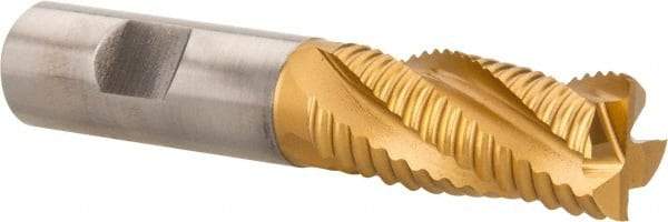 Hertel - 13/16" Diam, Coarse Pitch, 1-7/8" LOC, 4 Flute Cobalt Roughing Square End Mill - TiN Finish, 4-1/8" OAL, 3/4" Shank Diam, Single End, Centercutting, 30° Helix - USA Tool & Supply