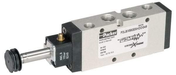 Parker - 1/2" NPT Port, Single Solenoid, 2 Position Valveless Coil, Aluminum Solenoid Valve - Normally Open Through Ports 1 & 2, 232 Max PSI, Buna-N Seal - USA Tool & Supply