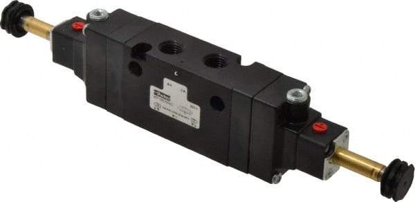 Parker - 1/4" NPT Port, Double Solenoid, 3 Position Valveless Coil, Aluminum Solenoid Valve - Center Exhaust Open, 145 Max PSI, Buna-N Seal - USA Tool & Supply