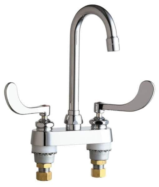 Chicago Faucets - Wrist Blade Handle, Deck Mounted Bathroom Faucet - Two Handle, Educational and Healthcare Drain, Gooseneck Spout - USA Tool & Supply