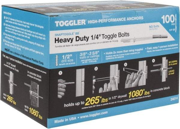 Toggler - 1/4" Screw, 6-1/4" Long, 3/8 to 3-5/8" Thick, Toggle Bolt Drywall & Hollow Wall Anchor - 1/4 - 20" Thread, 1/2" Drill, Zinc Plated, Steel, Grade 1010, Use in Drywall - USA Tool & Supply